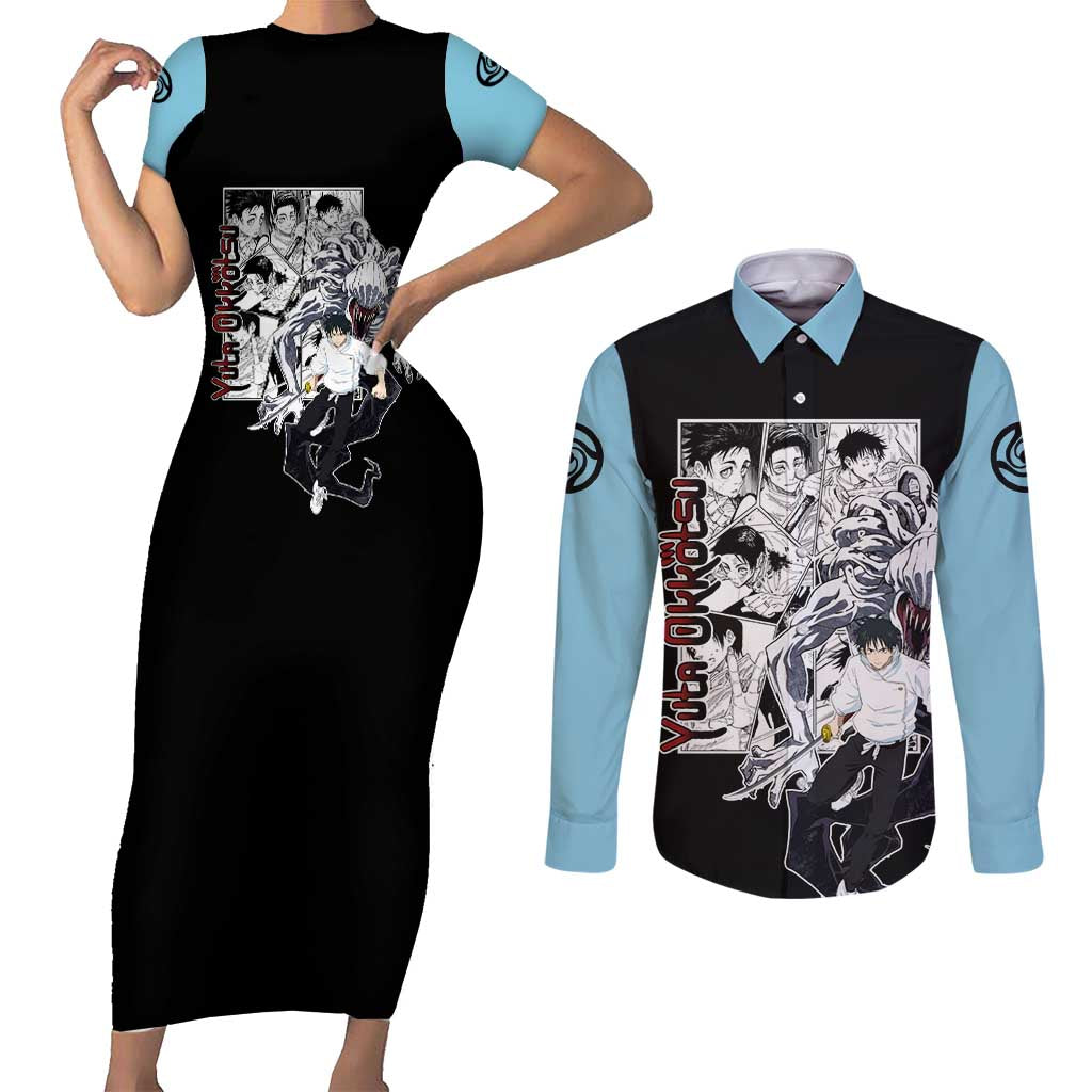 Yuta Okkotsu - Jujusu Kaisen Couples Matching Short Sleeve Bodycon Dress and Long Sleeve Button Shirt Anime Mix Manga Style