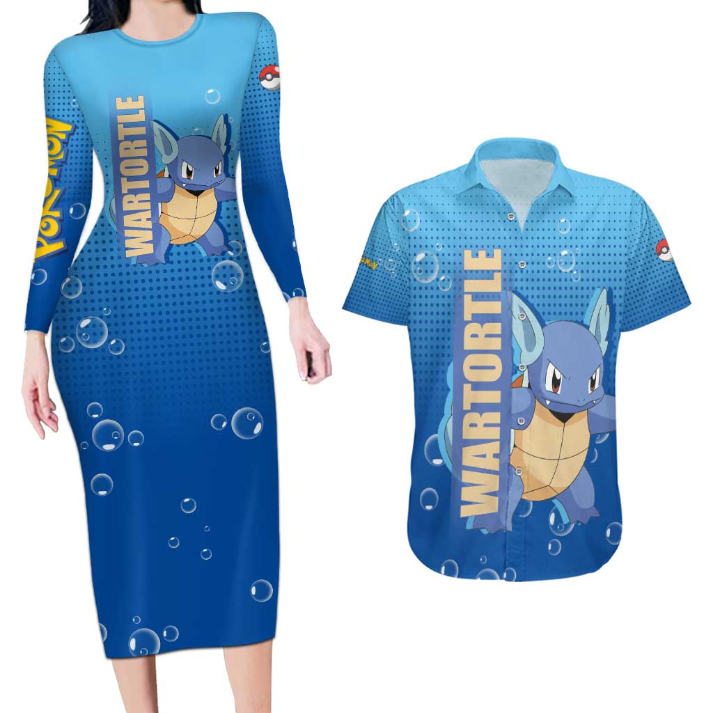 Wartortle Poké Couples Matching Long Sleeve Bodycon Dress and Hawaiian Shirt with Water Type Featuring Strong and Playful Design - The Mazicc