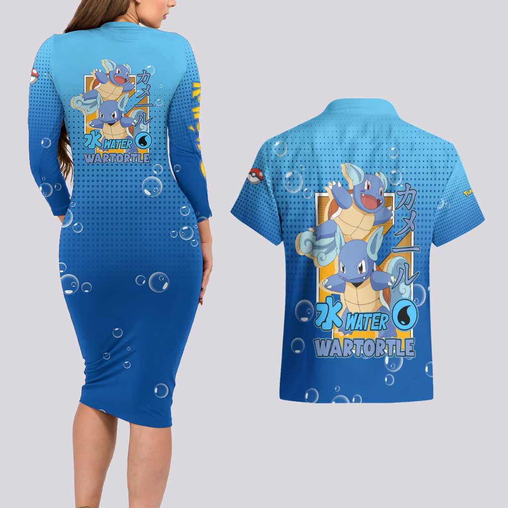 Wartortle Poké Couples Matching Long Sleeve Bodycon Dress and Hawaiian Shirt with Water Type Featuring Strong and Playful Design - The Mazicc