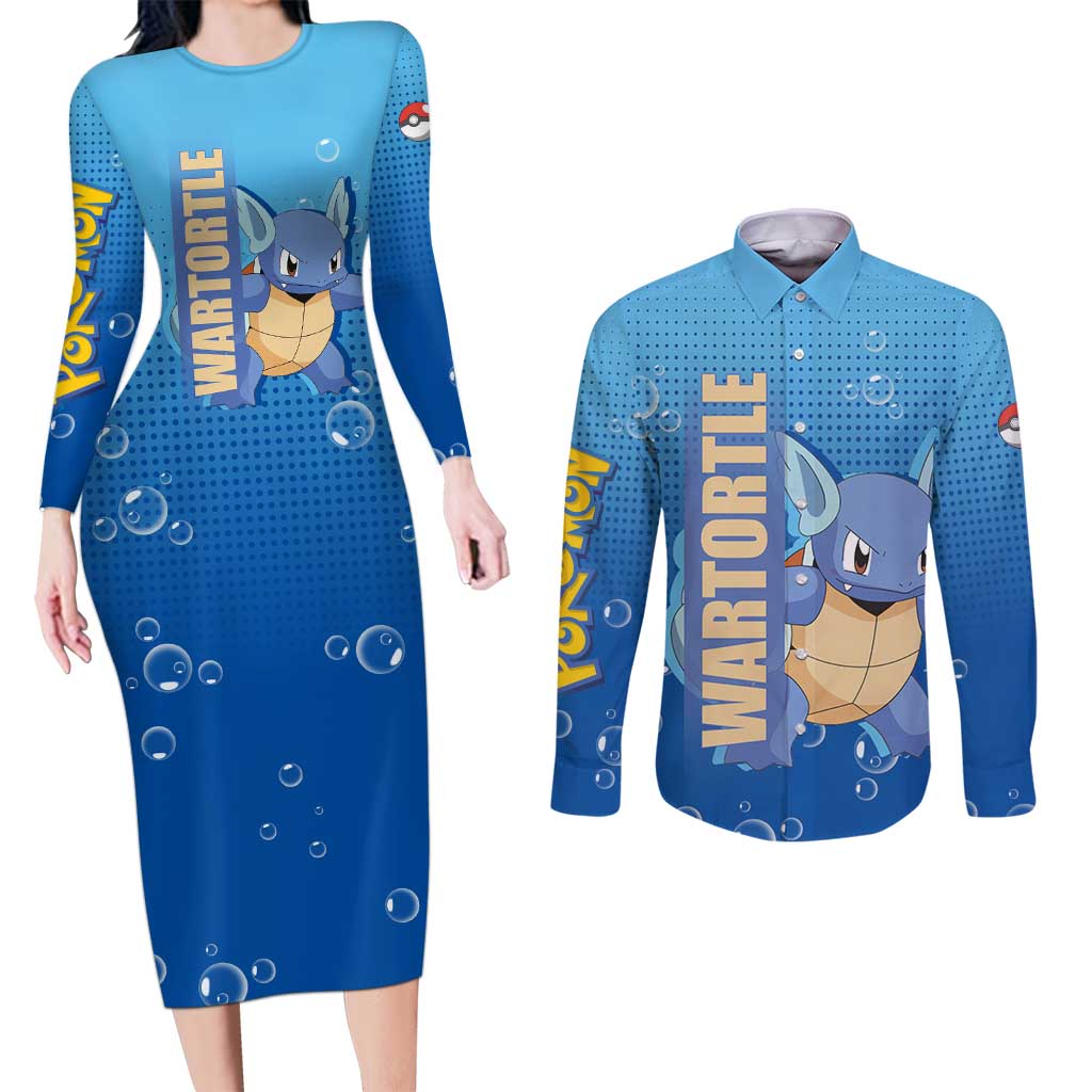Wartortle Poké Couples Matching Long Sleeve Bodycon Dress and Long Sleeve Button Shirt with Water Type Featuring Strong and Playful Design - The Mazicc