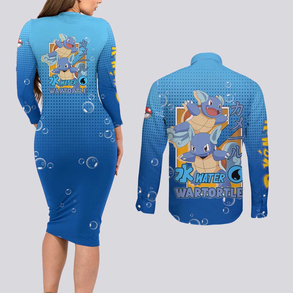 Wartortle Poké Couples Matching Long Sleeve Bodycon Dress and Long Sleeve Button Shirt with Water Type Featuring Strong and Playful Design - The Mazicc