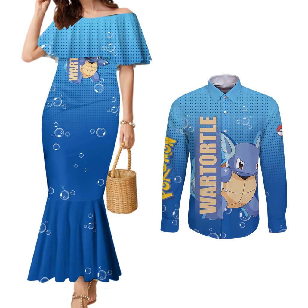 Wartortle Poké Couples Matching Mermaid Dress and Long Sleeve Button Shirt with Water Type Featuring Strong and Playful Design - The Mazicc