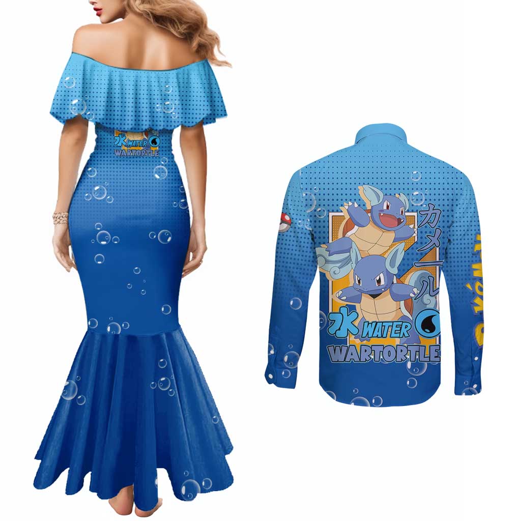 Wartortle Poké Couples Matching Mermaid Dress and Long Sleeve Button Shirt with Water Type Featuring Strong and Playful Design - The Mazicc