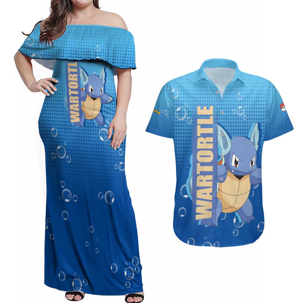 Wartortle Poké Couples Matching Off Shoulder Maxi Dress and Hawaiian Shirt with Water Type Featuring Strong and Playful Design - The Mazicc