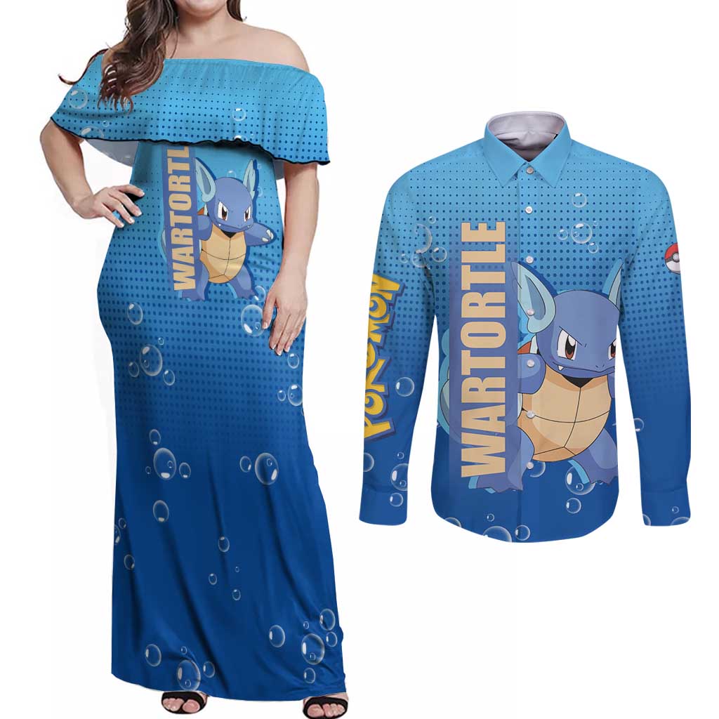 Wartortle Poké Couples Matching Off Shoulder Maxi Dress and Long Sleeve Button Shirt with Water Type Featuring Strong and Playful Design - The Mazicc