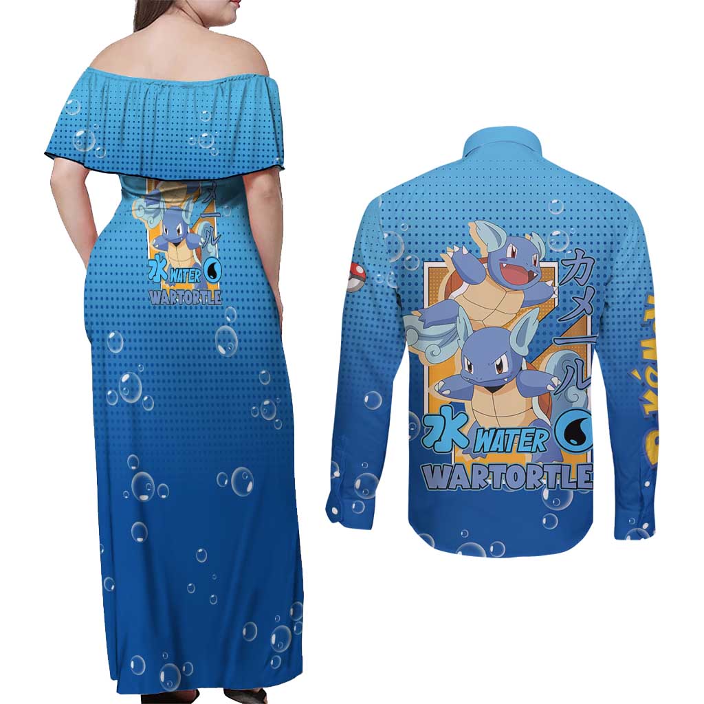 Wartortle Poké Couples Matching Off Shoulder Maxi Dress and Long Sleeve Button Shirt with Water Type Featuring Strong and Playful Design - The Mazicc