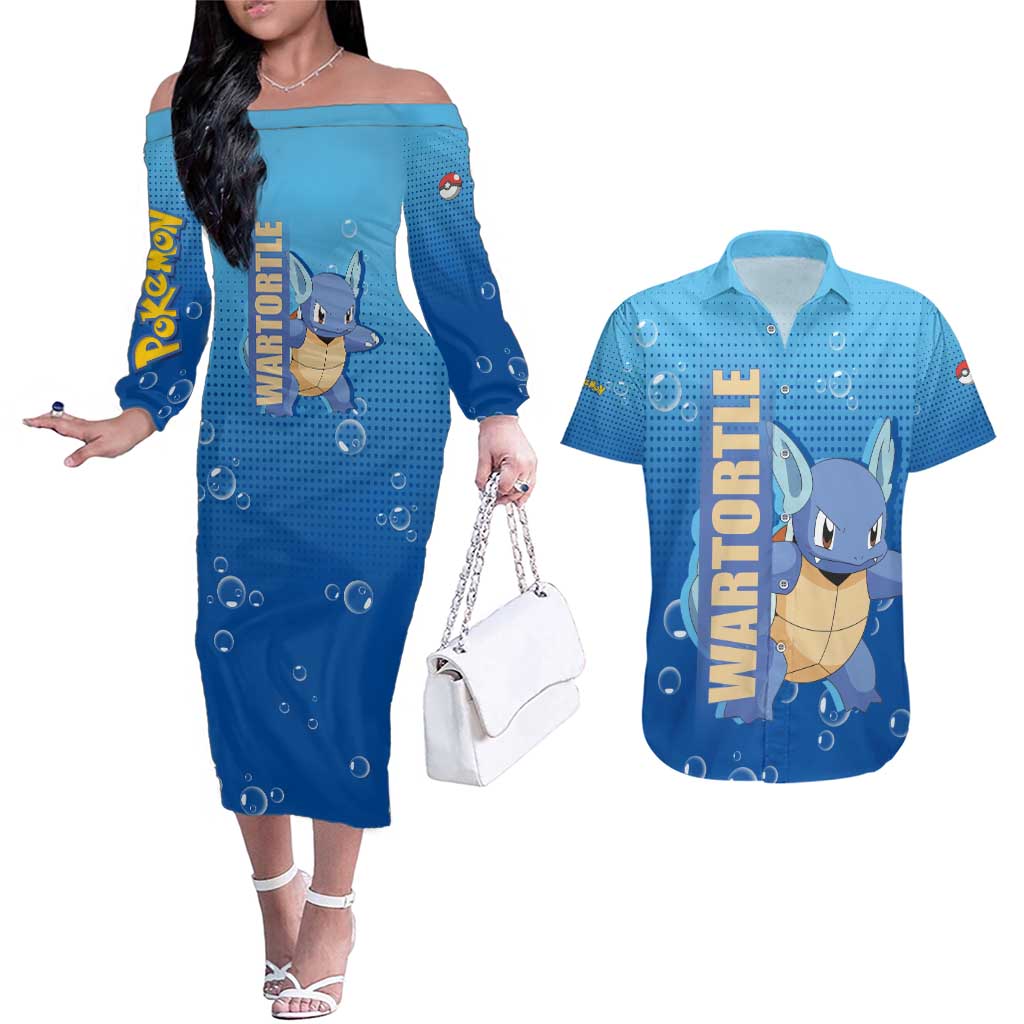 Wartortle Poké Couples Matching Off The Shoulder Long Sleeve Dress and Hawaiian Shirt with Water Type Featuring Strong and Playful Design - The Mazicc