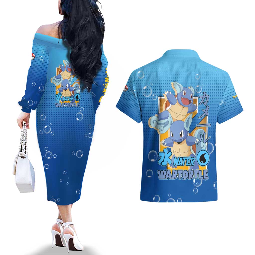 Wartortle Poké Couples Matching Off The Shoulder Long Sleeve Dress and Hawaiian Shirt with Water Type Featuring Strong and Playful Design - The Mazicc