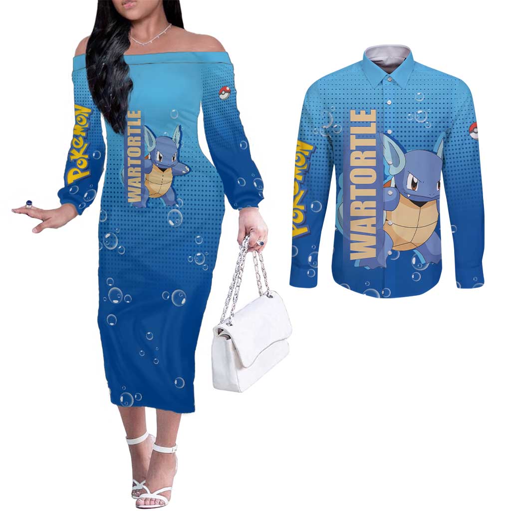 Wartortle Poké Couples Matching Off The Shoulder Long Sleeve Dress and Long Sleeve Button Shirt with Water Type Featuring Strong and Playful Design - The Mazicc