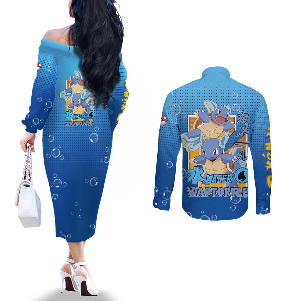 Wartortle Poké Couples Matching Off The Shoulder Long Sleeve Dress and Long Sleeve Button Shirt with Water Type Featuring Strong and Playful Design - The Mazicc