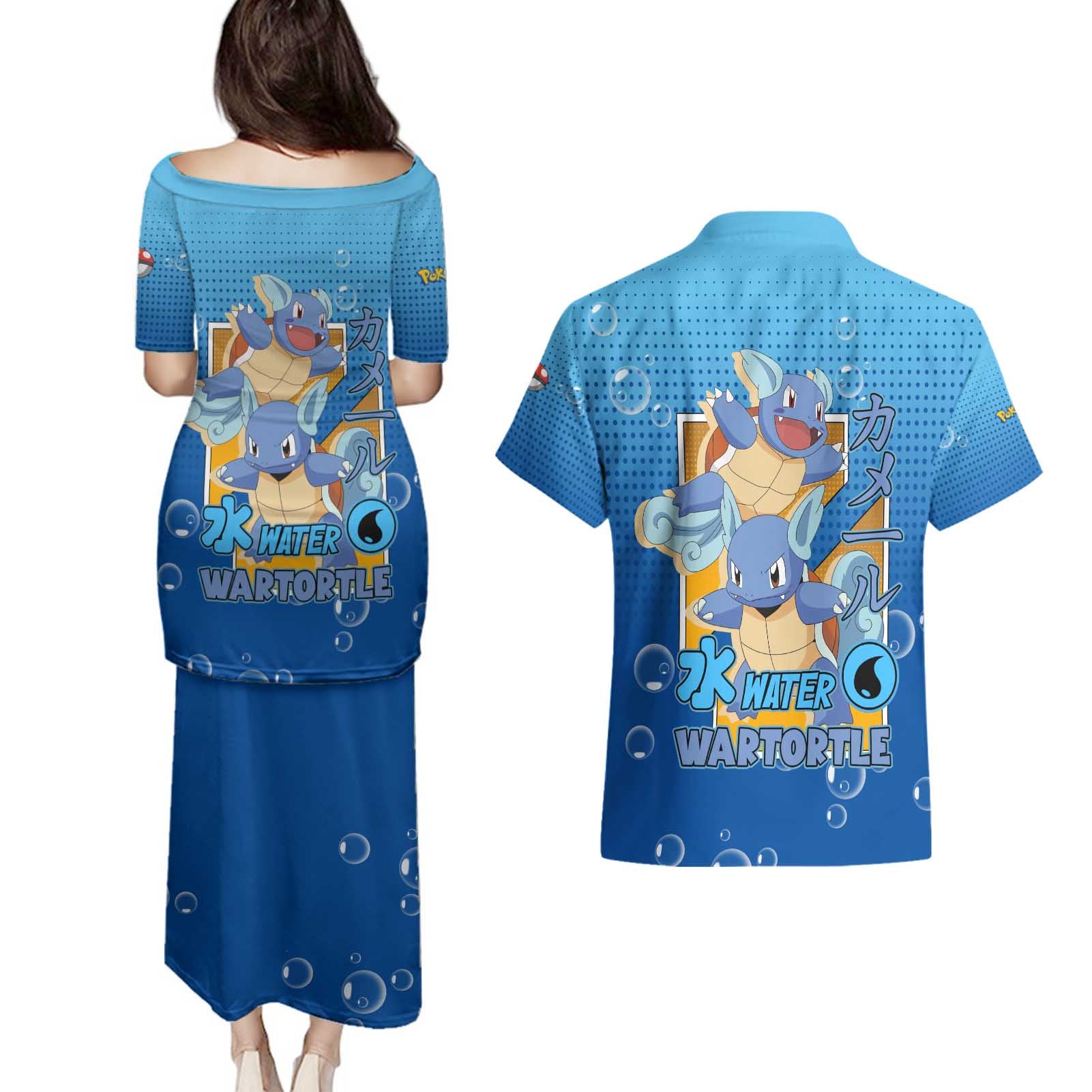 Wartortle Poké Couples Matching Puletasi and Hawaiian Shirt with Water Type Featuring Strong and Playful Design - The Mazicc
