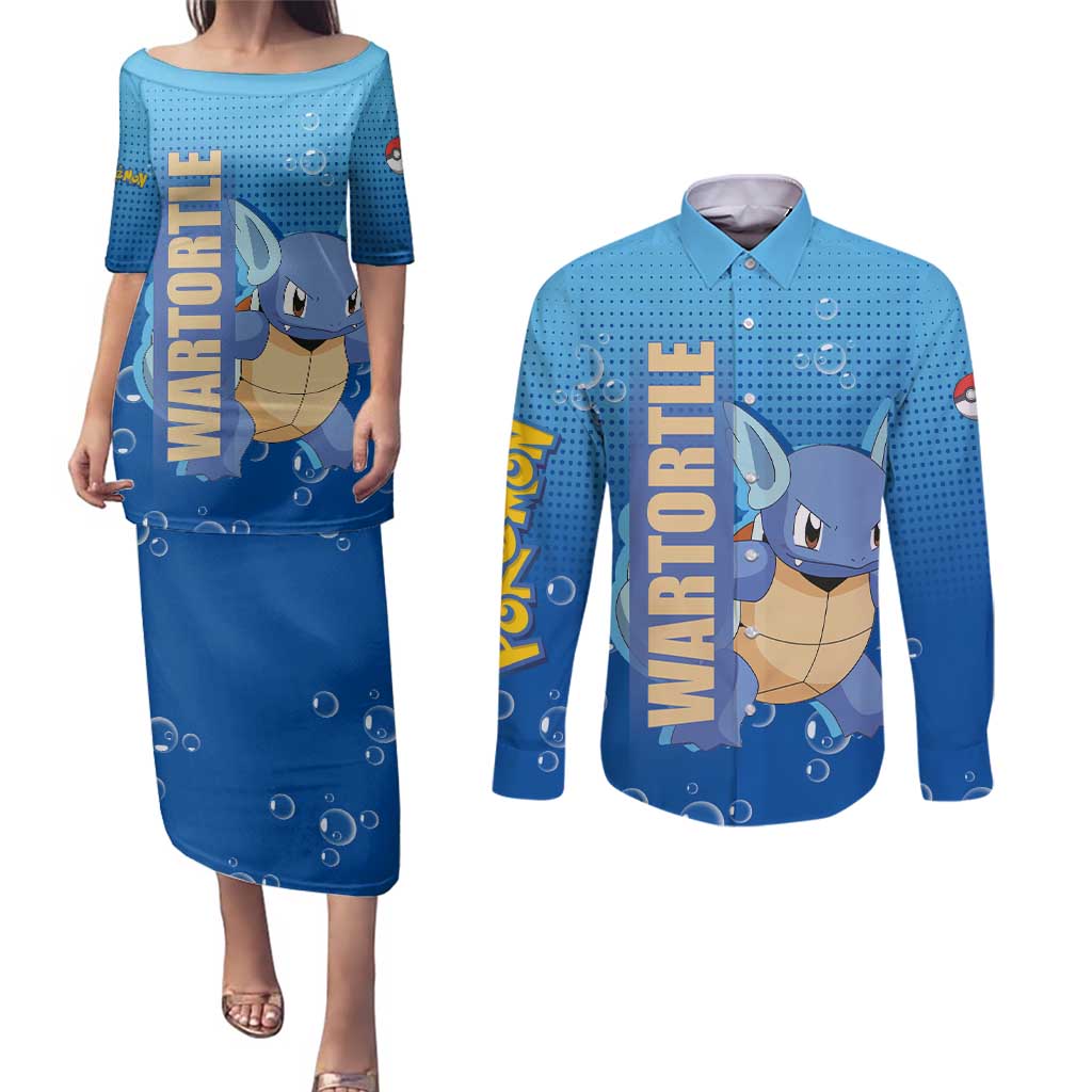 Wartortle Poké Couples Matching Puletasi and Long Sleeve Button Shirt with Water Type Featuring Strong and Playful Design - The Mazicc