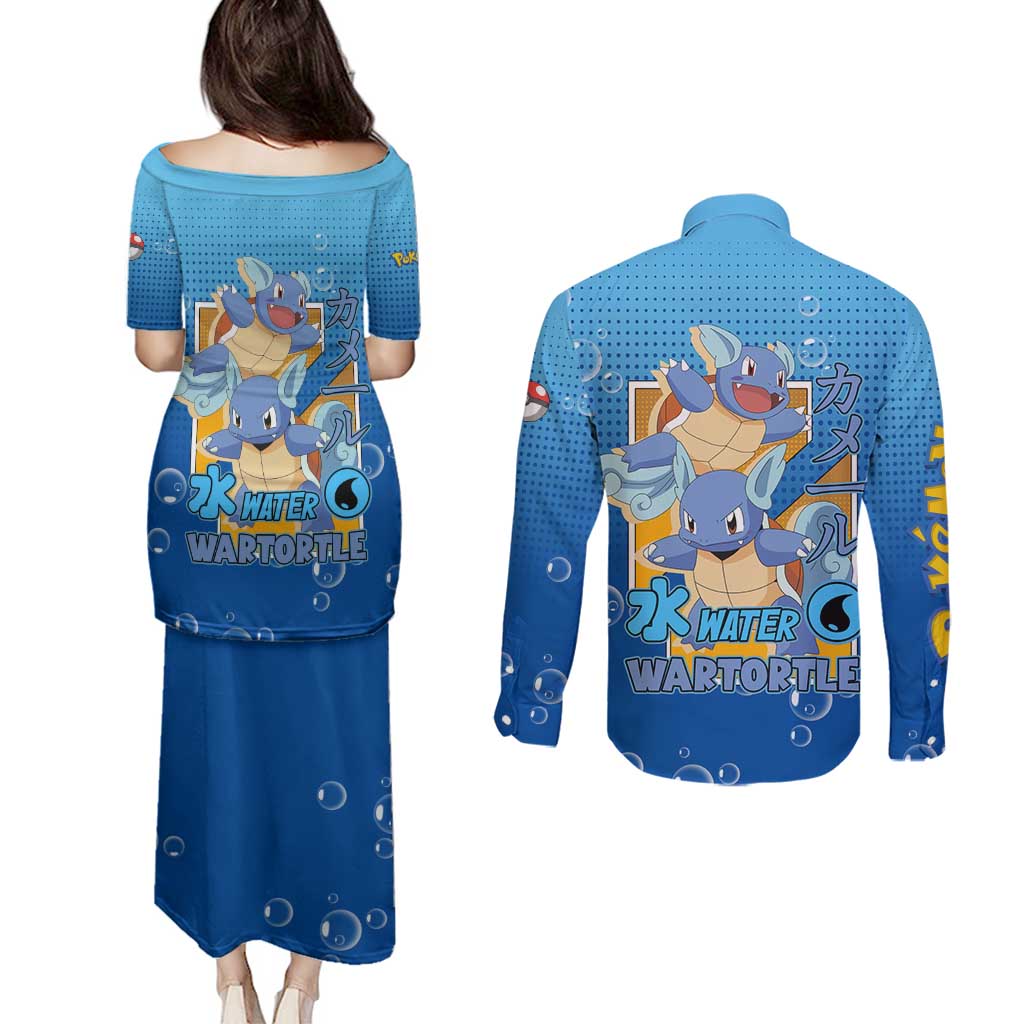 Wartortle Poké Couples Matching Puletasi and Long Sleeve Button Shirt with Water Type Featuring Strong and Playful Design - The Mazicc