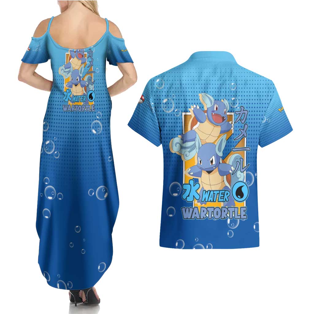 Wartortle Poké Couples Matching Summer Maxi Dress and Hawaiian Shirt with Water Type Featuring Strong and Playful Design - The Mazicc