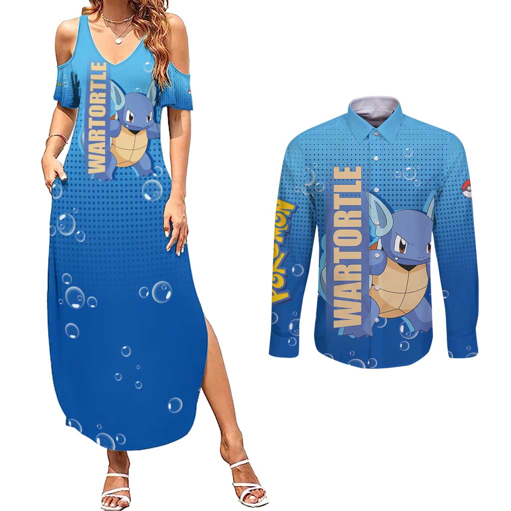 Wartortle Poké Couples Matching Summer Maxi Dress and Long Sleeve Button Shirt with Water Type Featuring Strong and Playful Design - The Mazicc