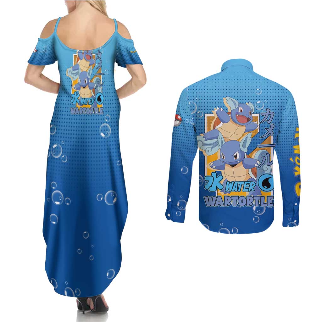 Wartortle Poké Couples Matching Summer Maxi Dress and Long Sleeve Button Shirt with Water Type Featuring Strong and Playful Design - The Mazicc