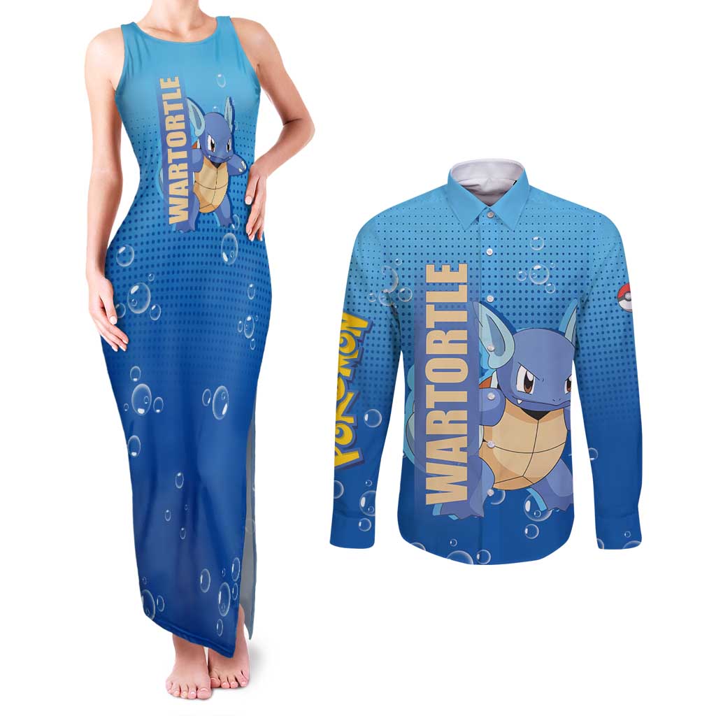 Wartortle Poké Couples Matching Tank Maxi Dress and Long Sleeve Button Shirt with Water Type Featuring Strong and Playful Design - The Mazicc