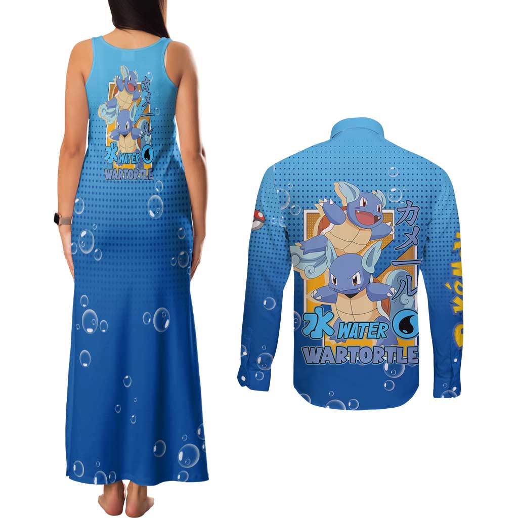 Wartortle Poké Couples Matching Tank Maxi Dress and Long Sleeve Button Shirt with Water Type Featuring Strong and Playful Design - The Mazicc