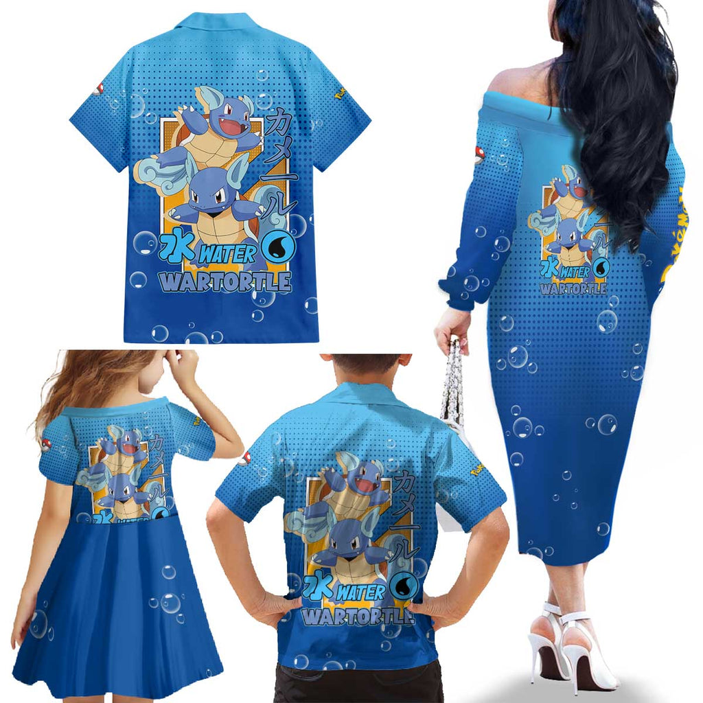 Wartortle Poké Family Matching Off The Shoulder Long Sleeve Dress and Hawaiian Shirt with Water Type Featuring Strong and Playful Design - The Mazicc