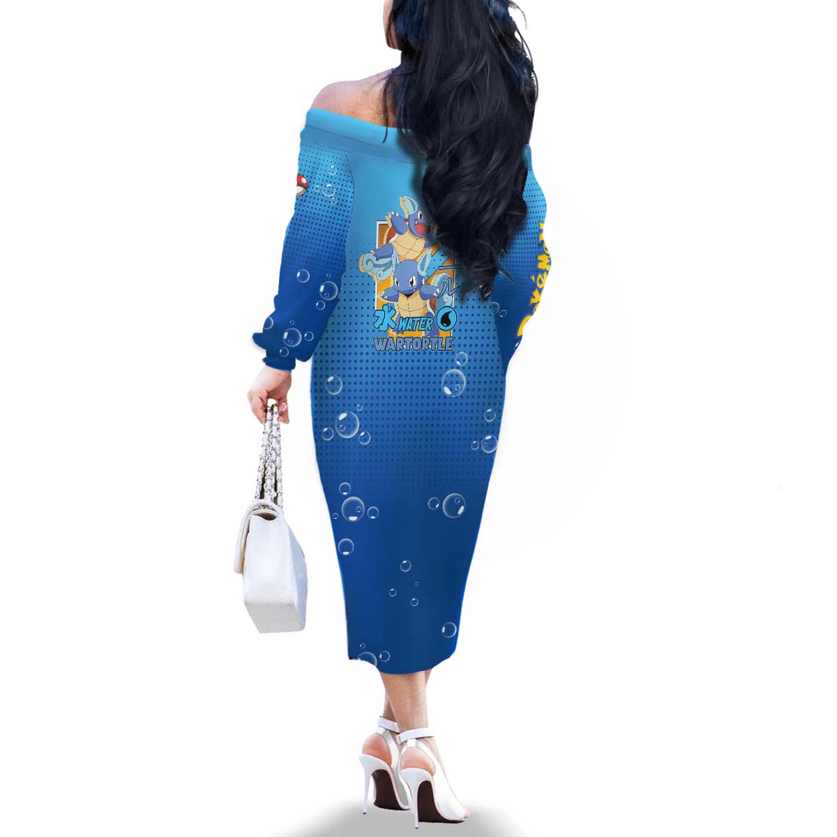 Wartortle Poké Family Matching Off The Shoulder Long Sleeve Dress and Hawaiian Shirt with Water Type Featuring Strong and Playful Design - The Mazicc