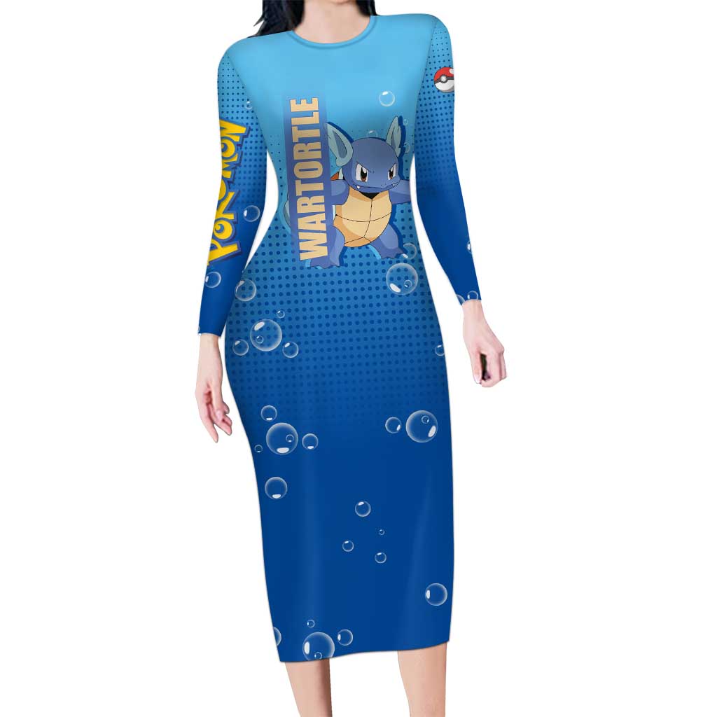 Wartortle Poké Long Sleeve Bodycon Dress with Water Type Featuring Strong and Playful Design - The Mazicc