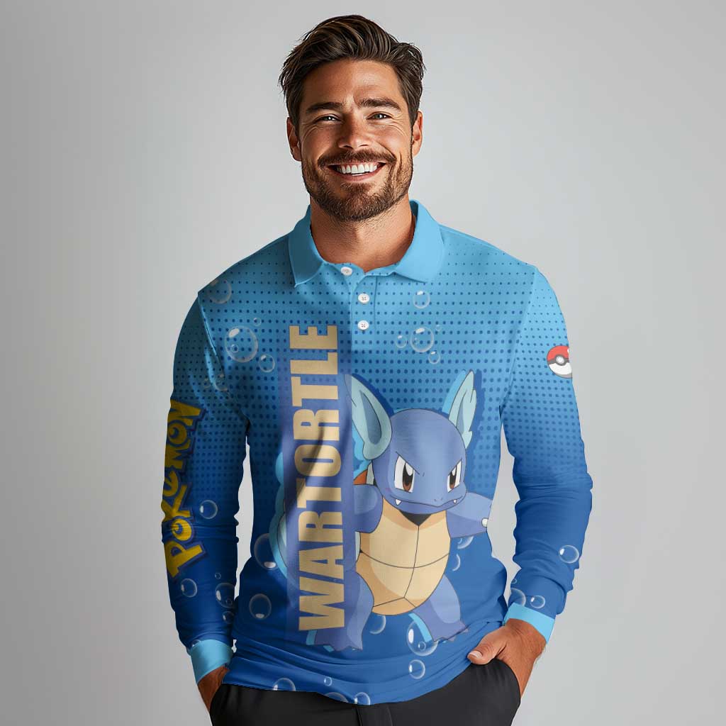 Wartortle Poké Long Sleeve Polo Shirt with Water Type Featuring Strong and Playful Design - The Mazicc
