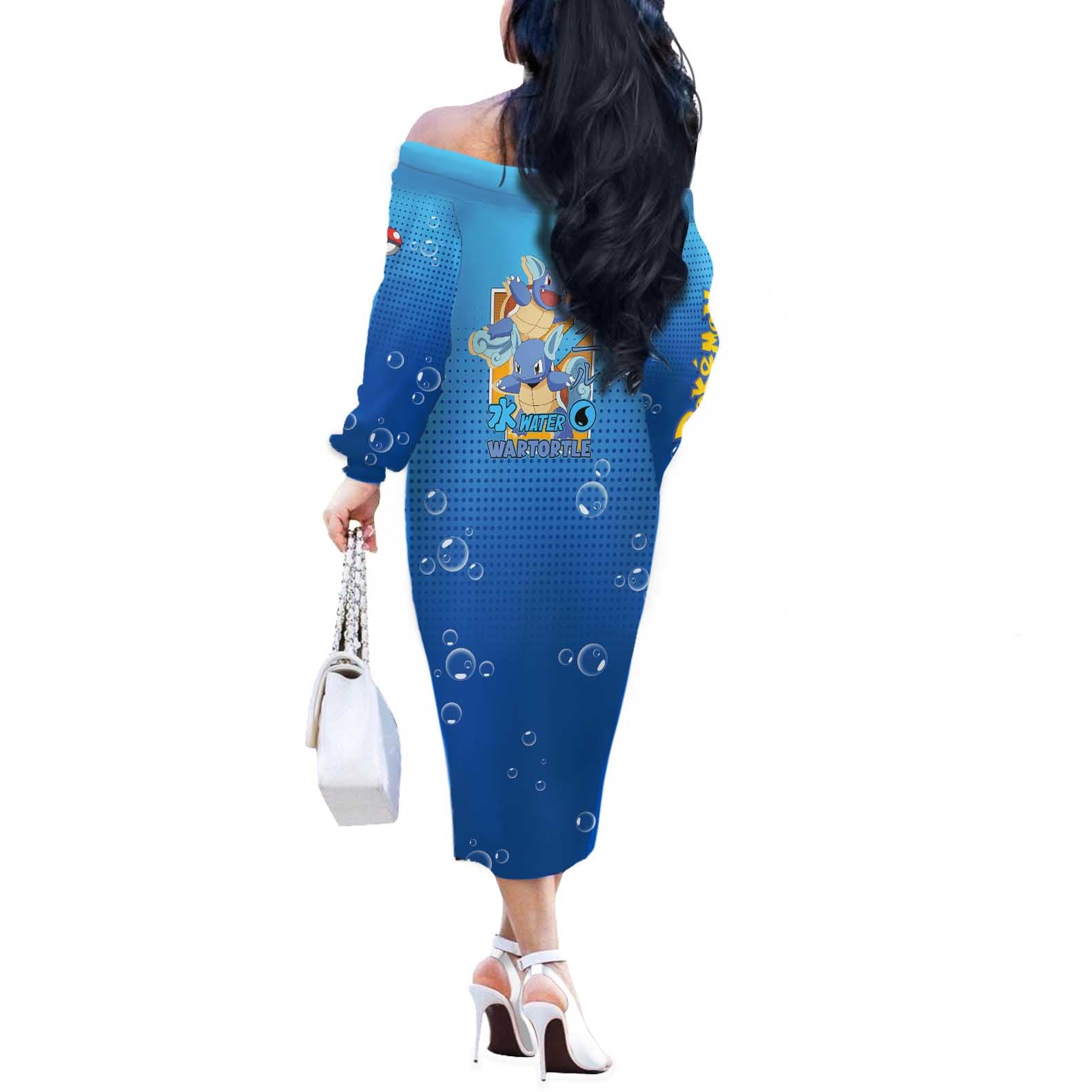 Wartortle Poké Off The Shoulder Long Sleeve Dress with Water Type Featuring Strong and Playful Design - The Mazicc