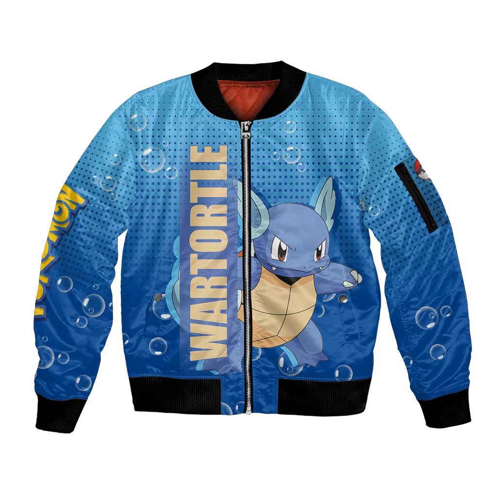 Wartortle Poké Sleeve Zip Bomber Jacket with Water Type Featuring Strong and Playful Design - The Mazicc