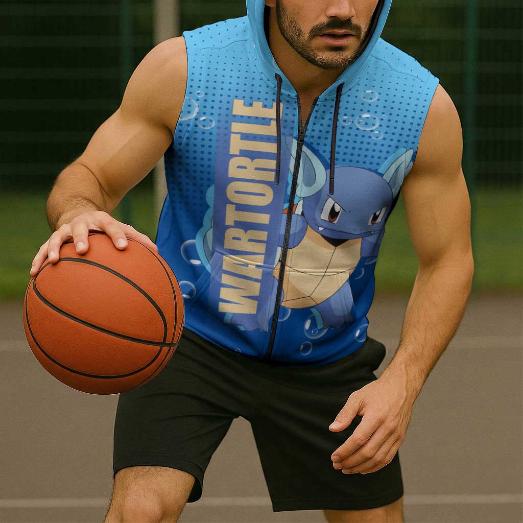 Wartortle Poké Sleeveless Zip Hoodie with Water Type Featuring Strong and Playful Design - The Mazicc
