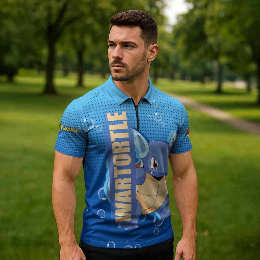Wartortle Poké Zipper Polo Shirt with Water Type Featuring Strong and Playful Design - The Mazicc