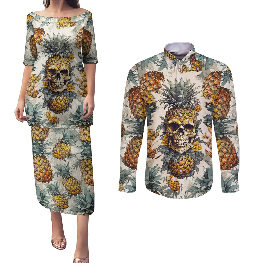 pineapple-skull-couples-matching-puletasi-dress-and-long-sleeve-button-shirts-summer-paradise