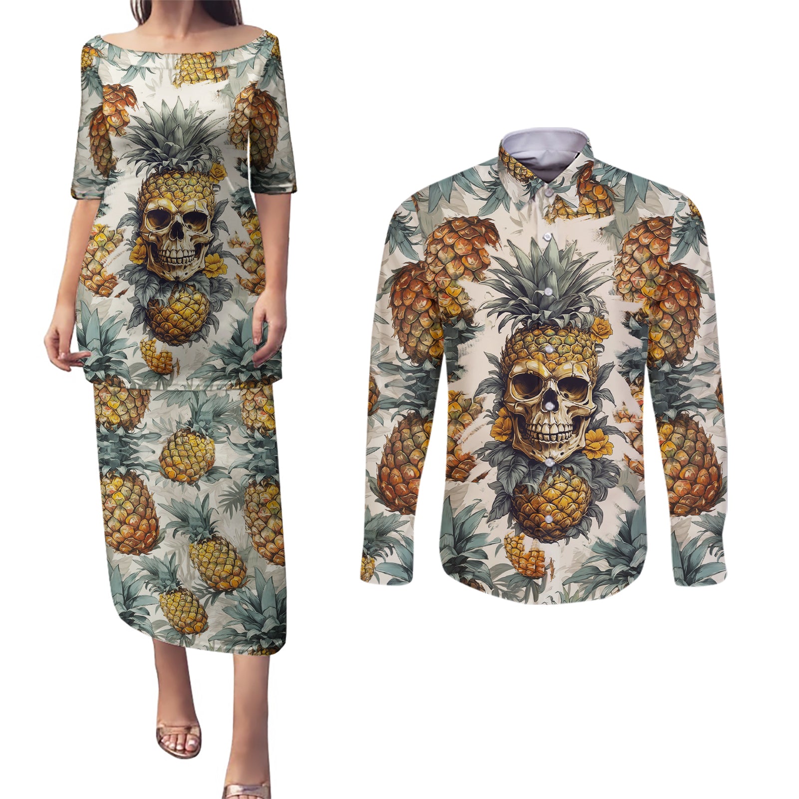pineapple-skull-couples-matching-puletasi-dress-and-long-sleeve-button-shirts-summer-paradise