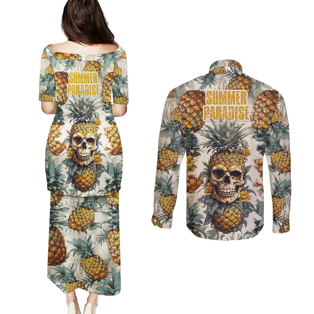 pineapple-skull-couples-matching-puletasi-dress-and-long-sleeve-button-shirts-summer-paradise