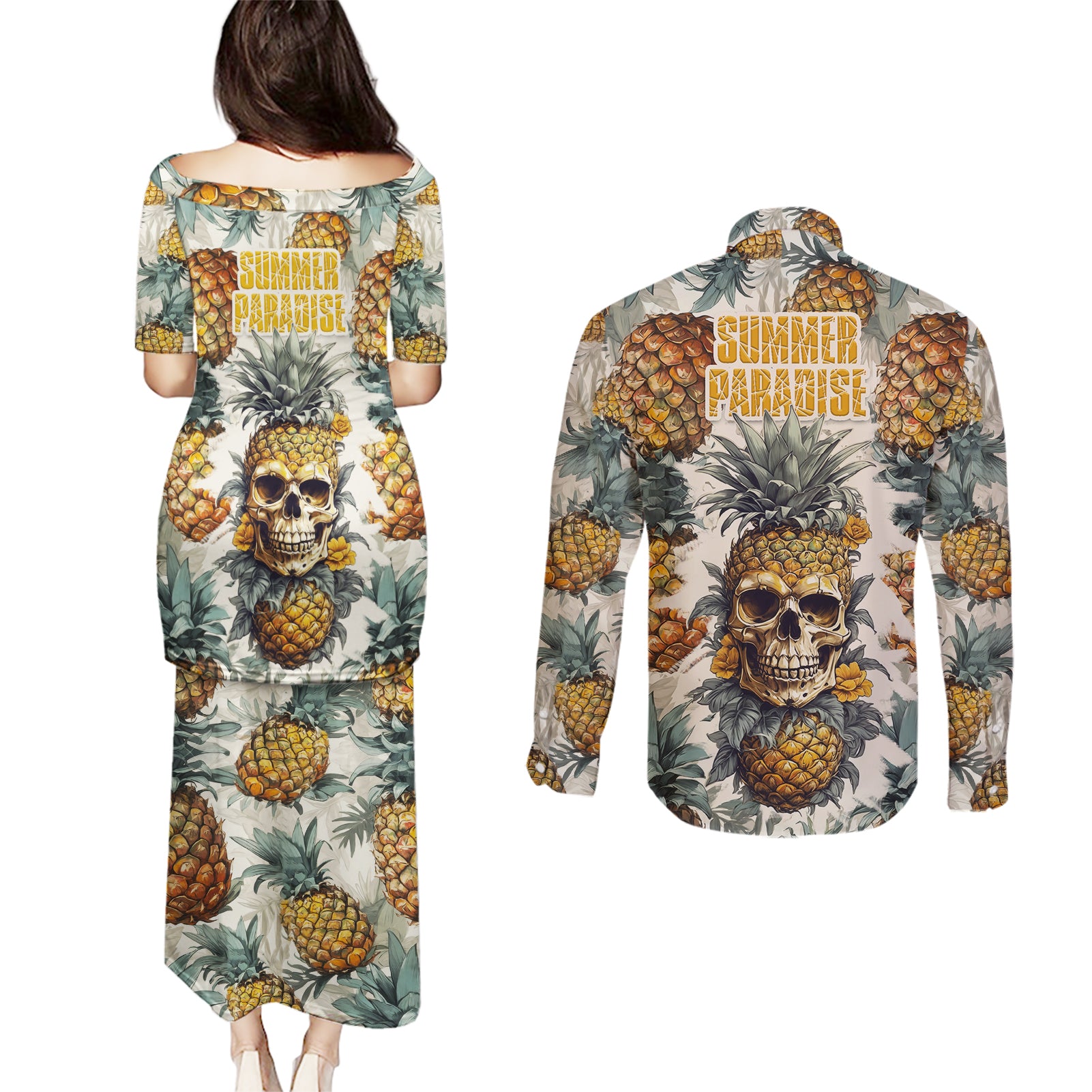 pineapple-skull-couples-matching-puletasi-dress-and-long-sleeve-button-shirts-summer-paradise