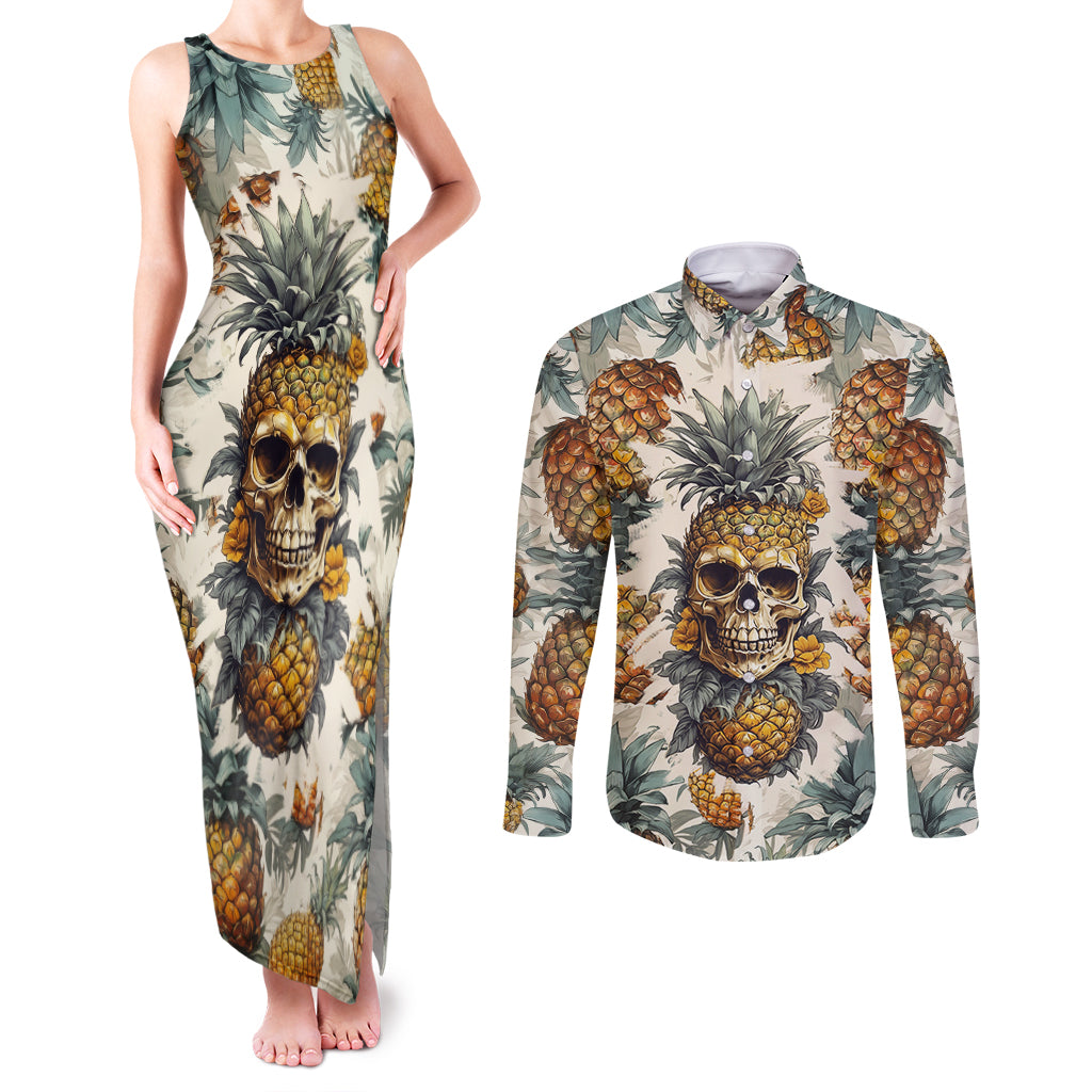 pineapple-skull-couples-matching-tank-maxi-dress-and-long-sleeve-button-shirts-summer-paradise