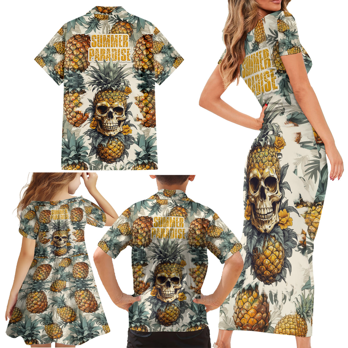 pineapple-skull-family-matching-short-sleeve-bodycon-dress-and-hawaiian-shirt-summer-paradise