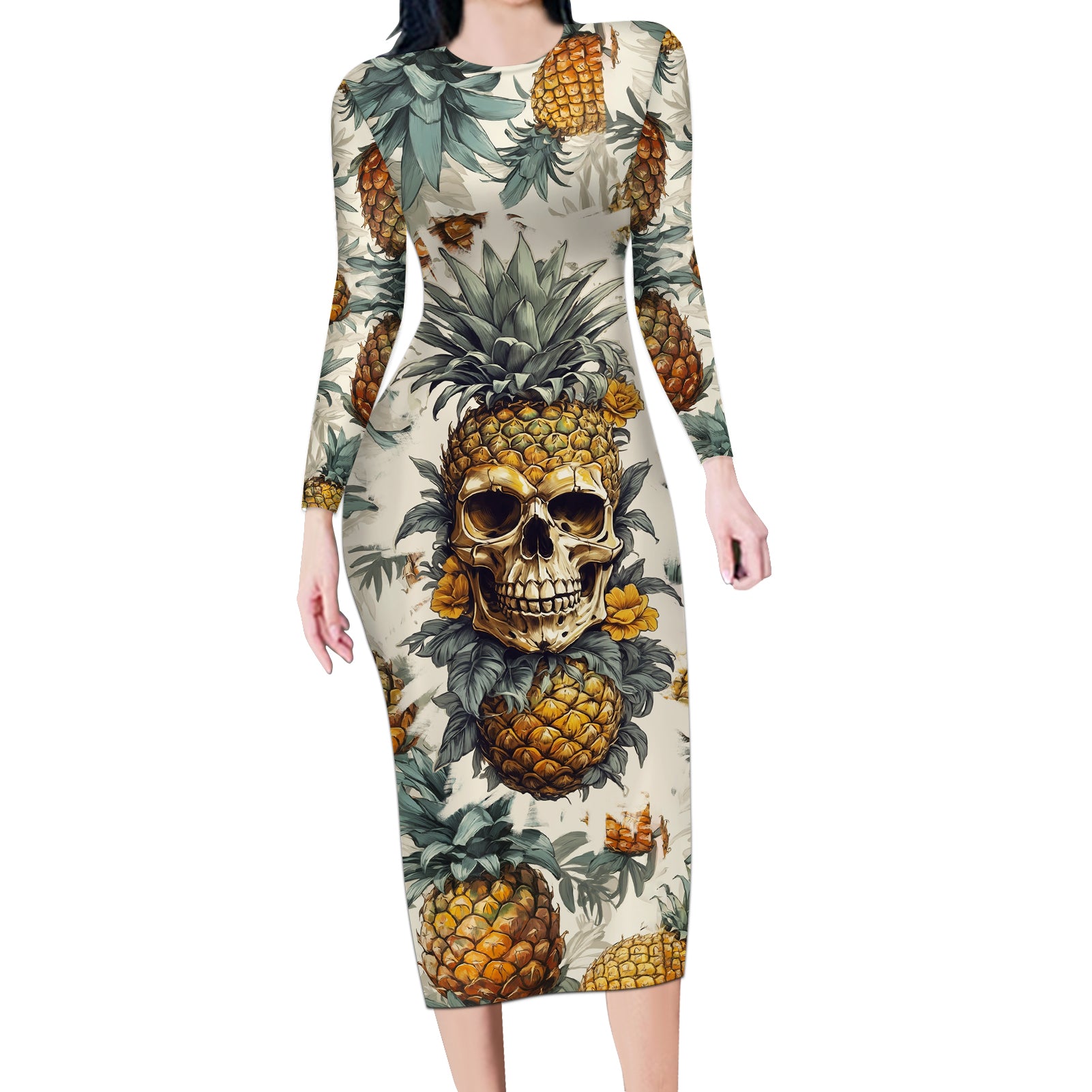 pineapple-skull-long-sleeve-bodycon-dress-summer-paradise