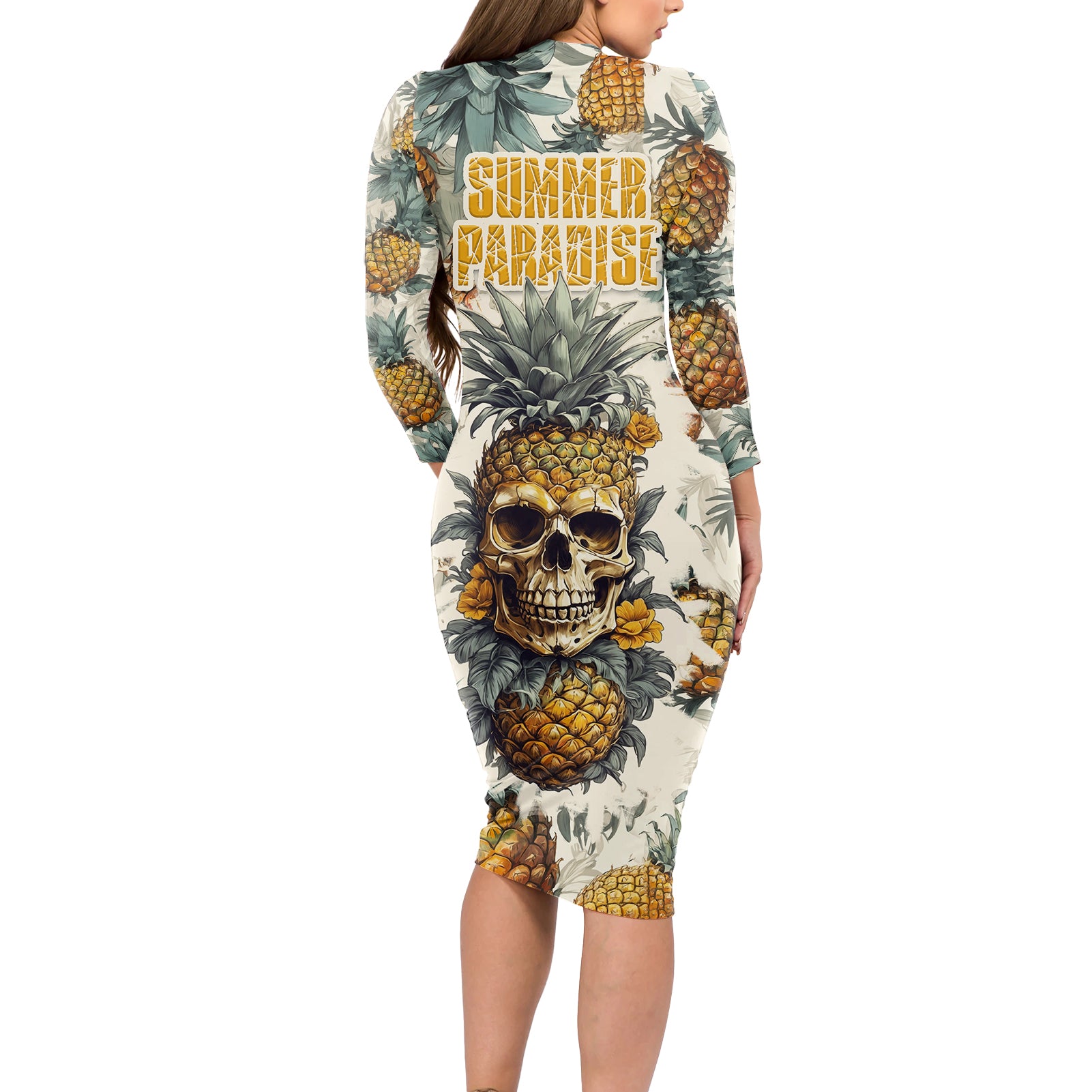 pineapple-skull-long-sleeve-bodycon-dress-summer-paradise