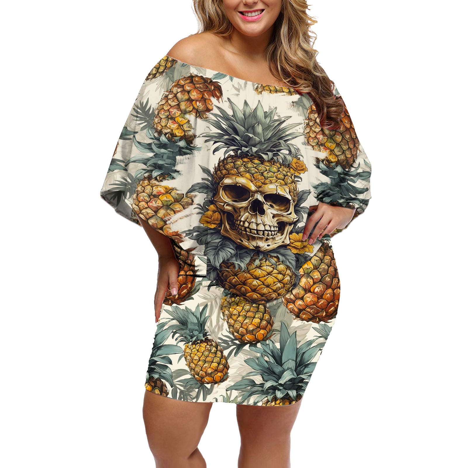 pineapple-skull-off-shoulder-short-dress-summer-paradise