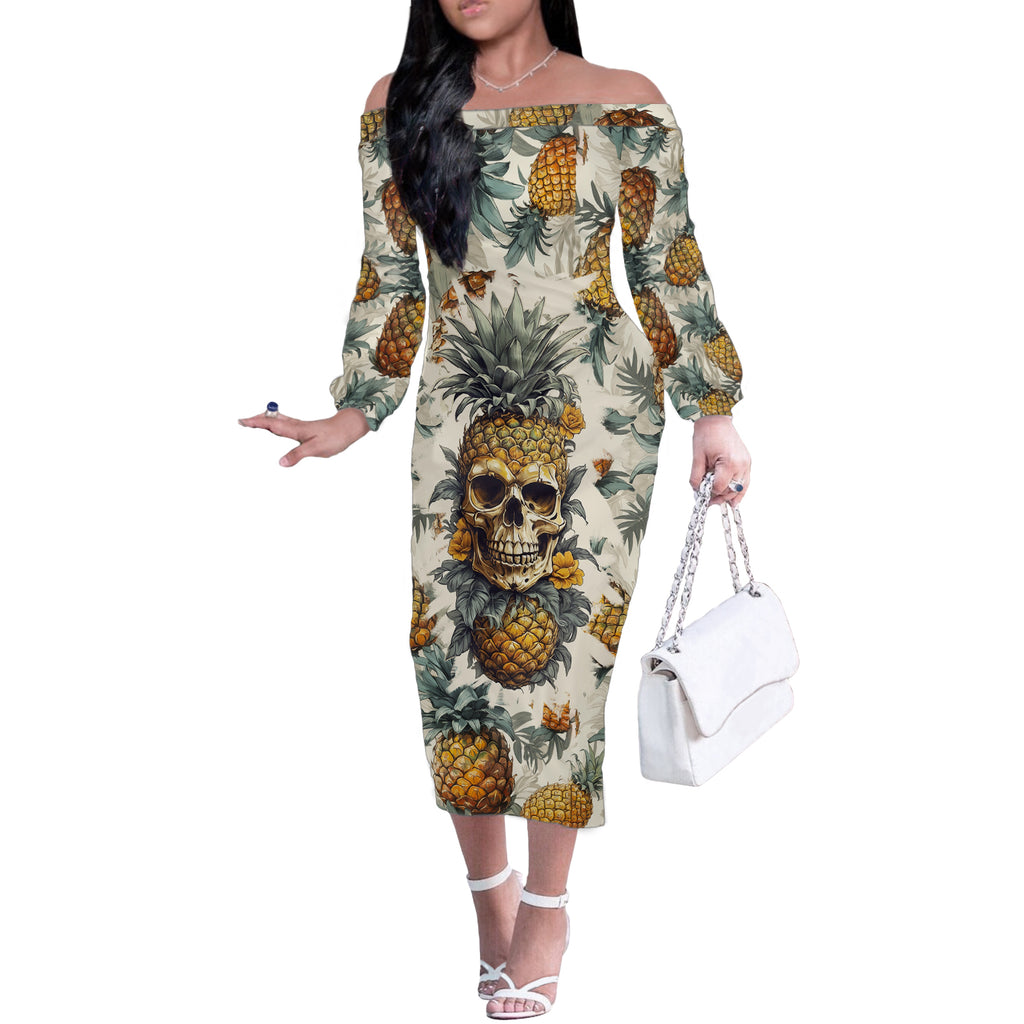 pineapple-skull-off-the-shoulder-long-sleeve-dress-summer-paradise