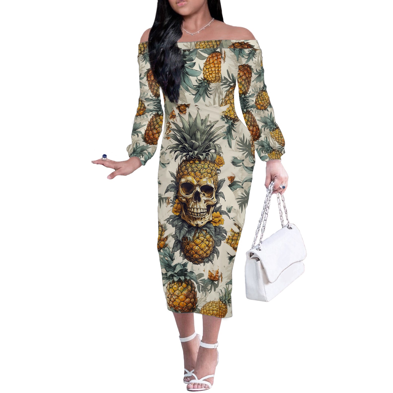 pineapple-skull-off-the-shoulder-long-sleeve-dress-summer-paradise