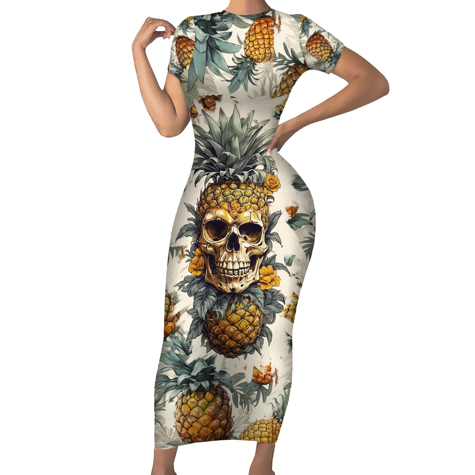 pineapple-skull-short-sleeve-bodycon-dress-summer-paradise