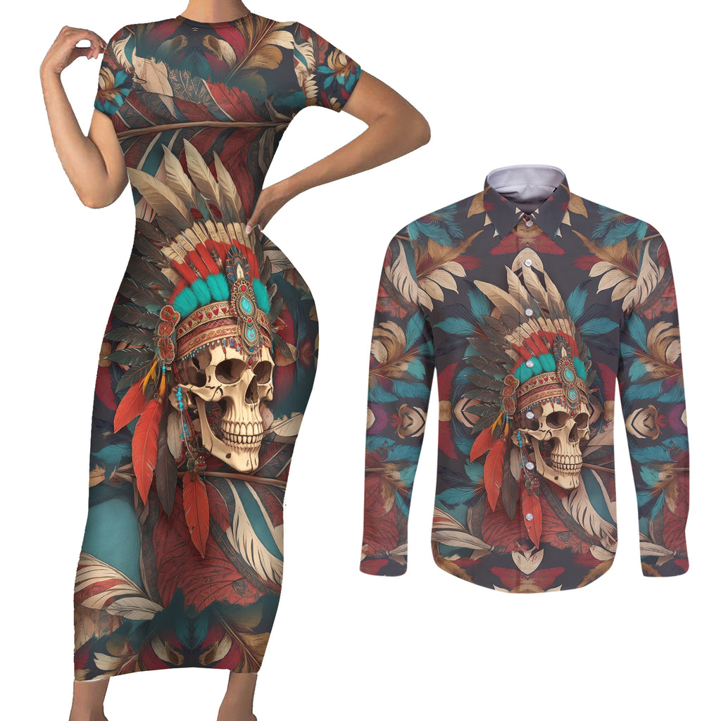 native-american-skull-couples-matching-short-sleeve-bodycon-dress-and-long-sleeve-button-shirts-native-merican-spirit-of-freedom