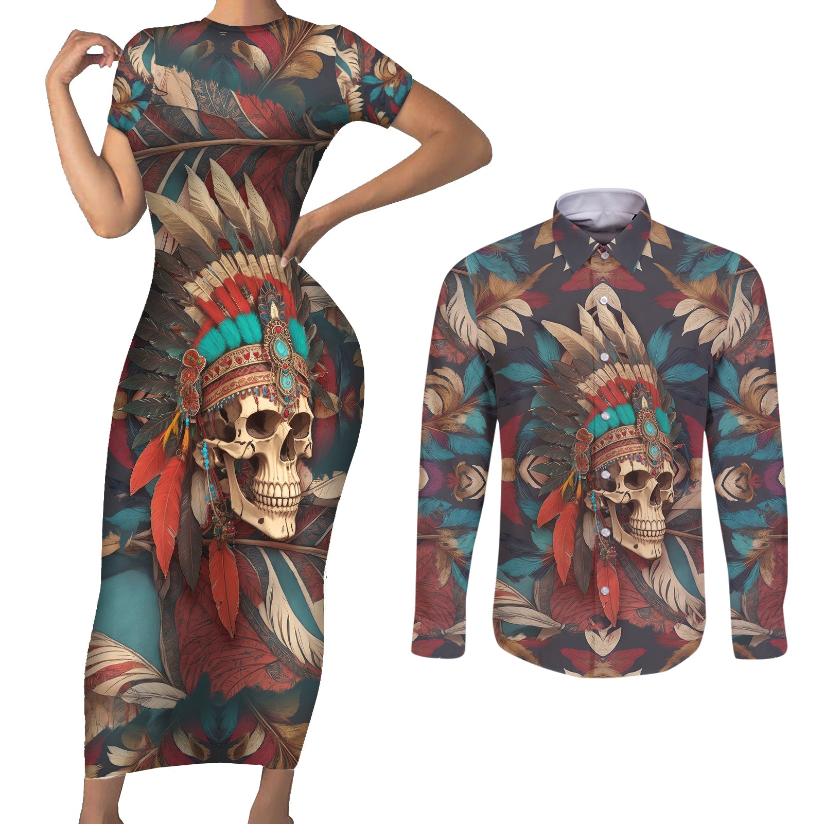 native-american-skull-couples-matching-short-sleeve-bodycon-dress-and-long-sleeve-button-shirts-native-merican-spirit-of-freedom