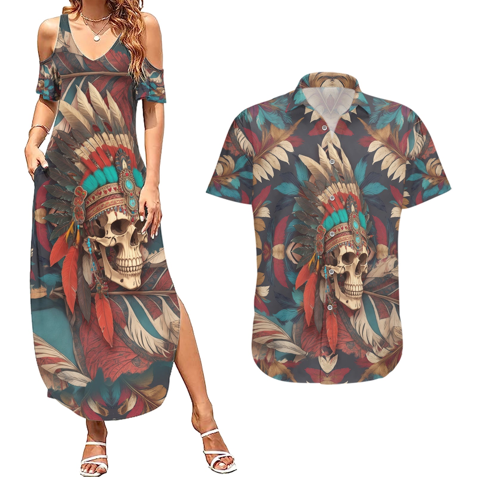 native-american-skull-couples-matching-summer-maxi-dress-and-hawaiian-shirt-native-merican-spirit-of-freedom