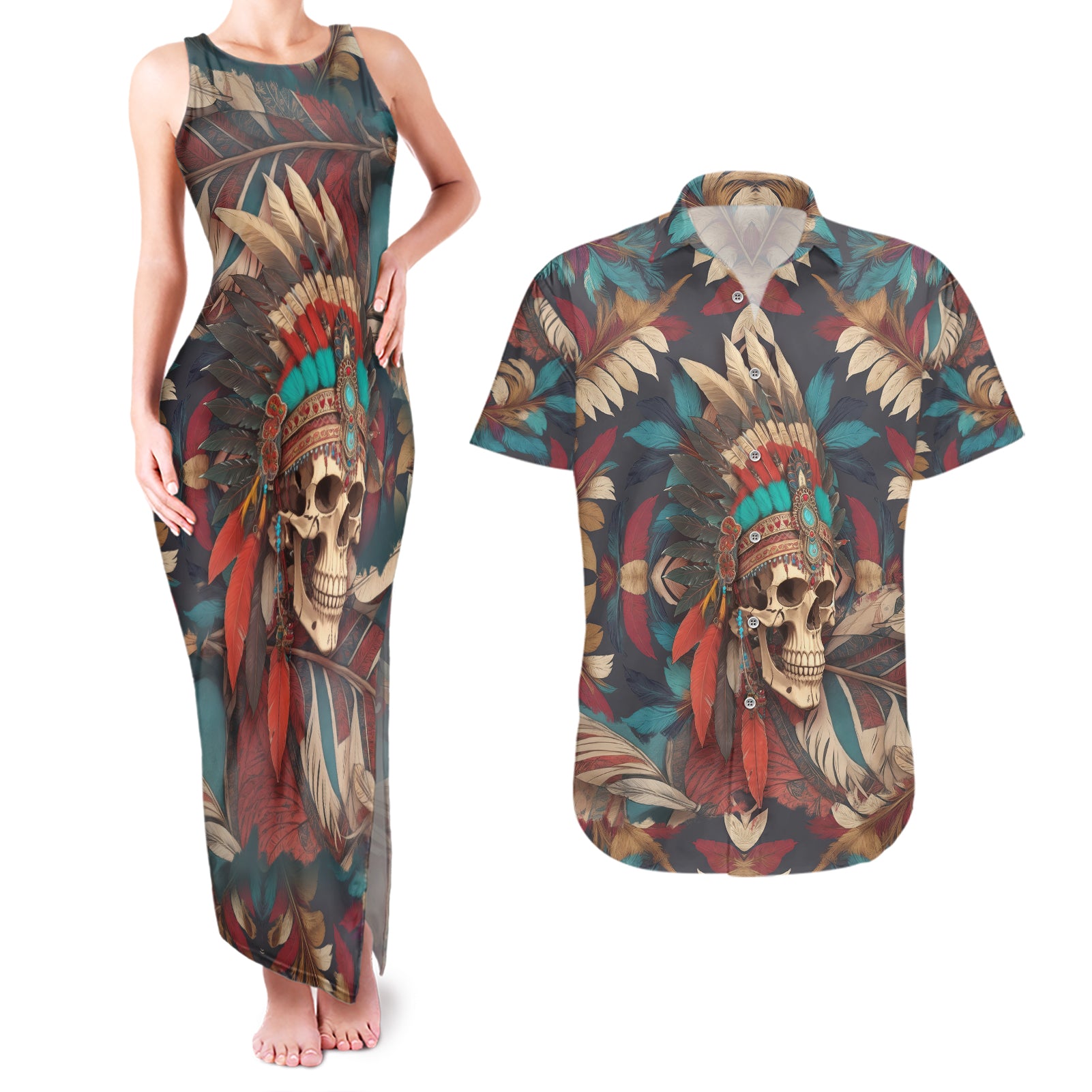 native-american-skull-couples-matching-tank-maxi-dress-and-hawaiian-shirt-native-merican-spirit-of-freedom