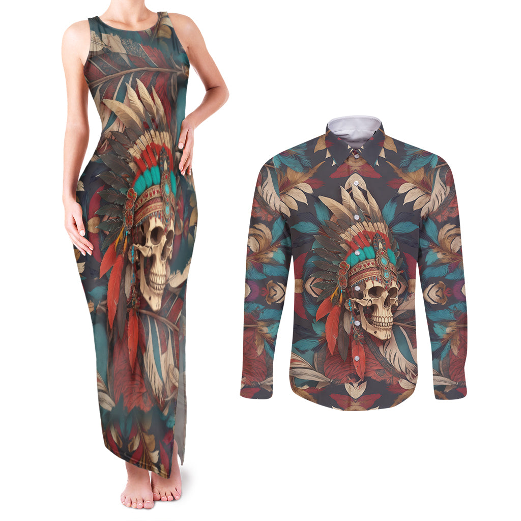 native-american-skull-couples-matching-tank-maxi-dress-and-long-sleeve-button-shirts-native-merican-spirit-of-freedom