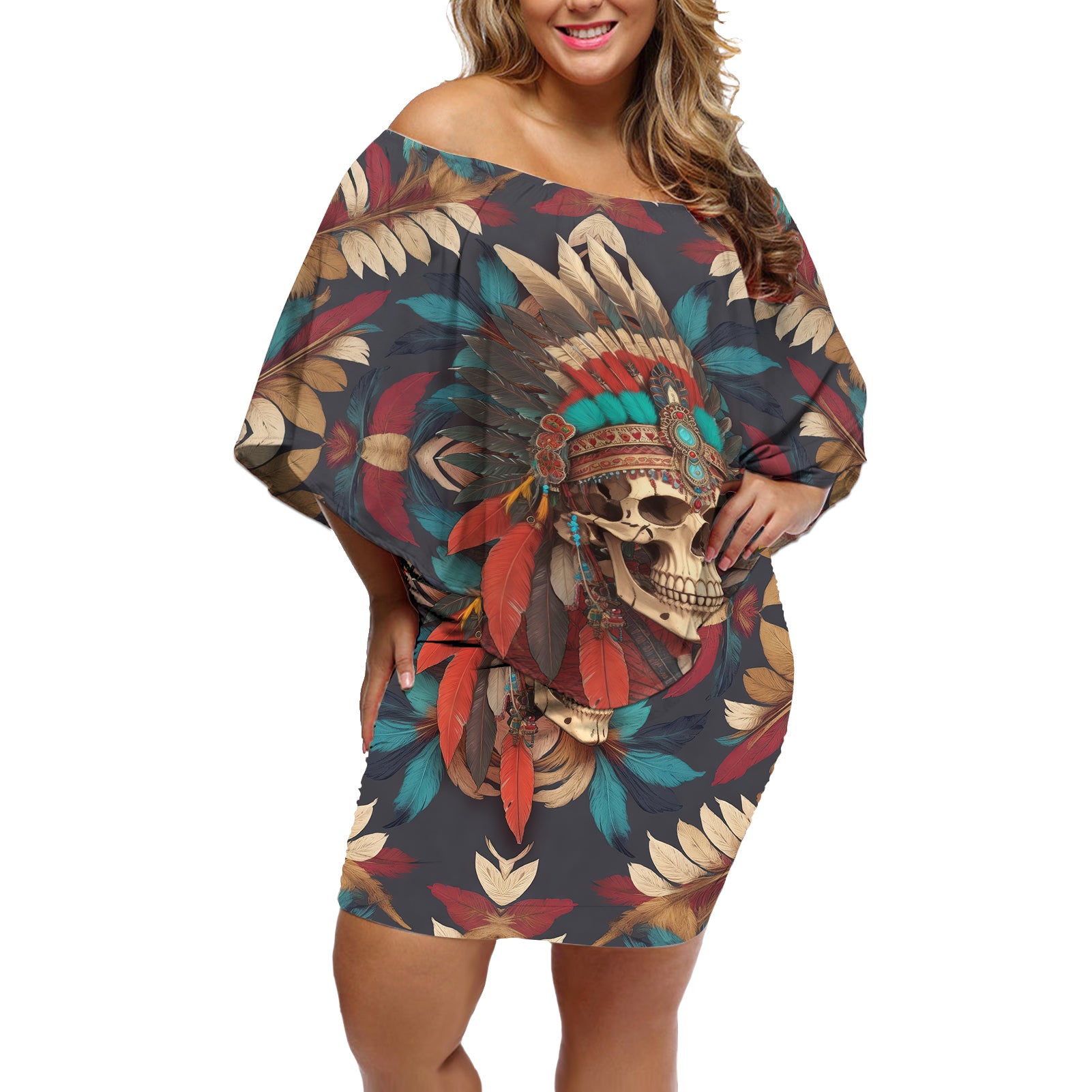 native-american-skull-off-shoulder-short-dress-native-merican-spirit-of-freedom