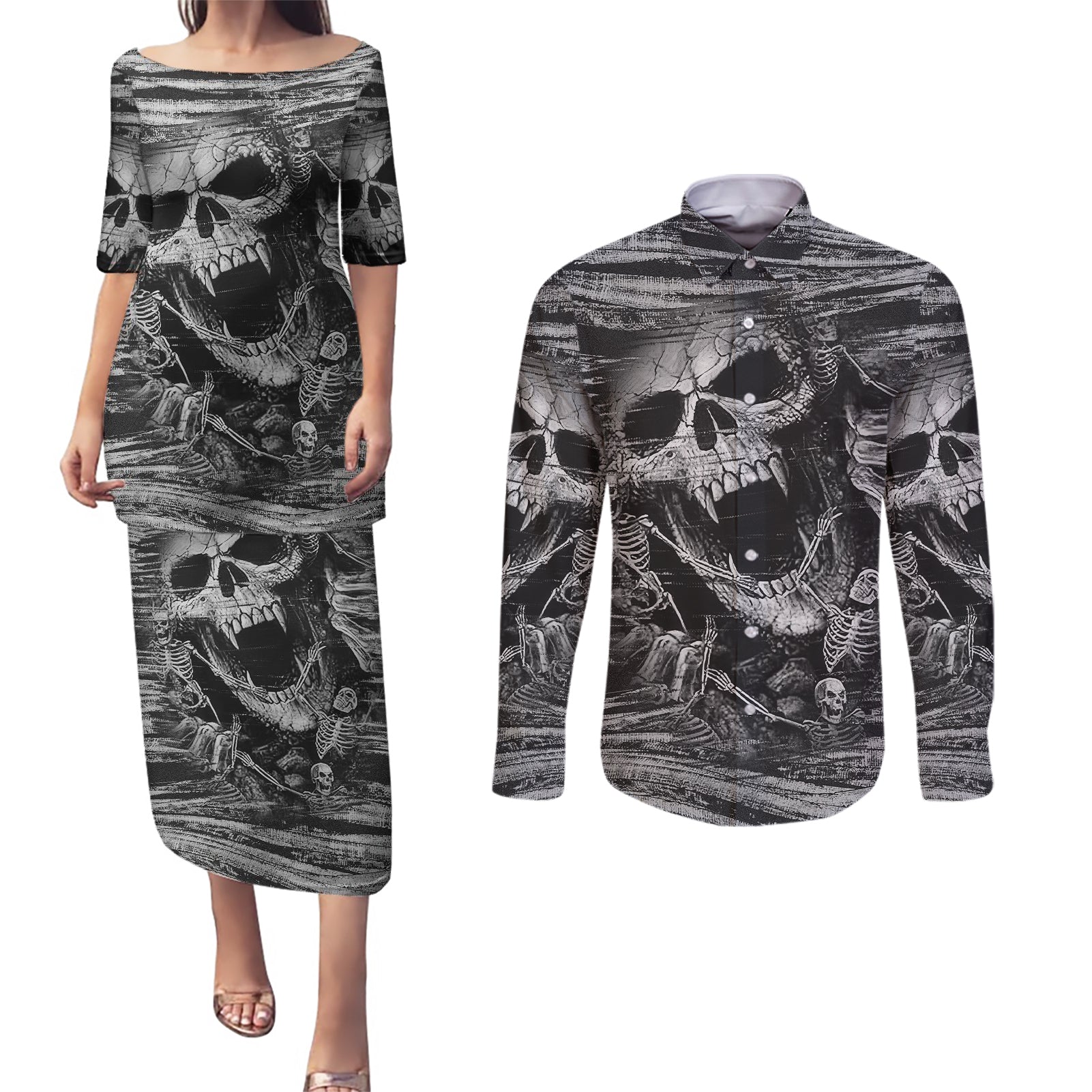 black-and-white-metallica-skull-couples-matching-puletasi-dress-and-long-sleeve-button-shirts