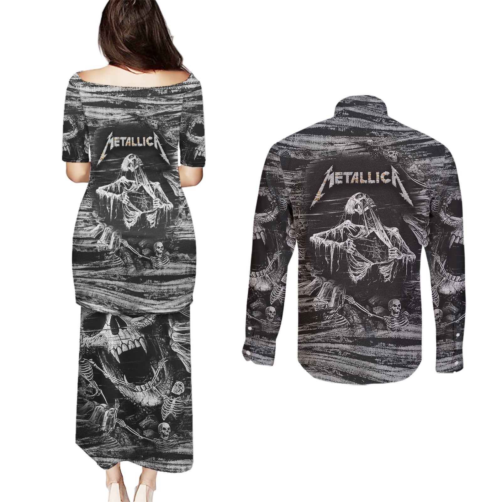 black-and-white-metallica-skull-couples-matching-puletasi-dress-and-long-sleeve-button-shirts